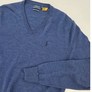 POLO RALPH LAUREN MERINO WOOL SWEATER MENS SMALL BLUE V NECK WASHABLE PREPPY